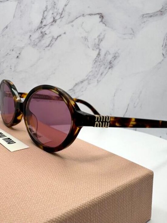 New MIU MIU Sunglasses Brown Tortoise Round Acetate Gold Metal Logo Authentic main image 7